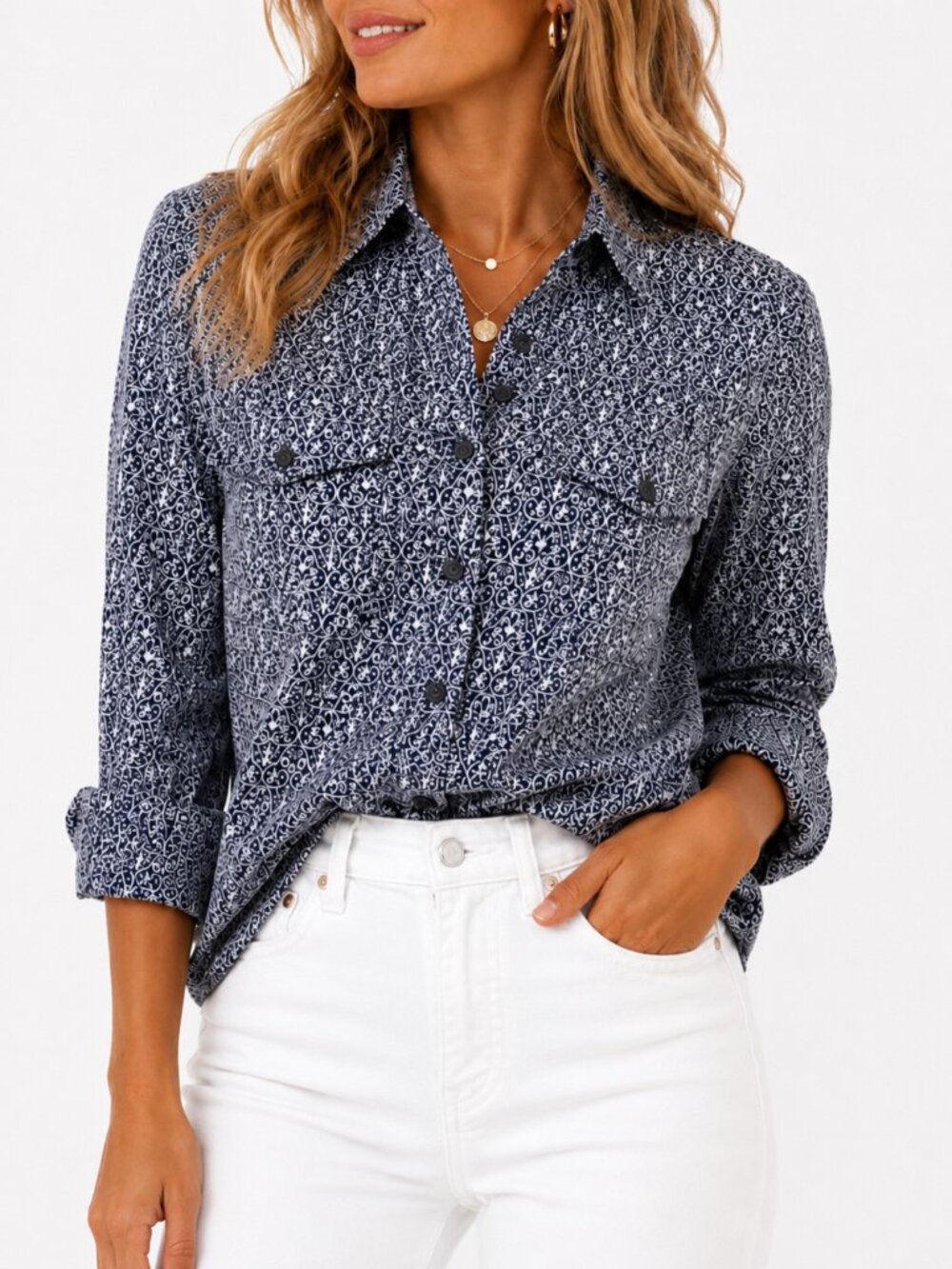 Tory Burch Brigitte Printed Button Down Blouse Blue White Cotton Size 10